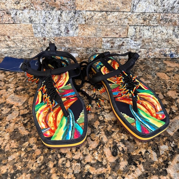 FARM RIO Black Banana Beaded Flat Sandals - Picture 1 of 8